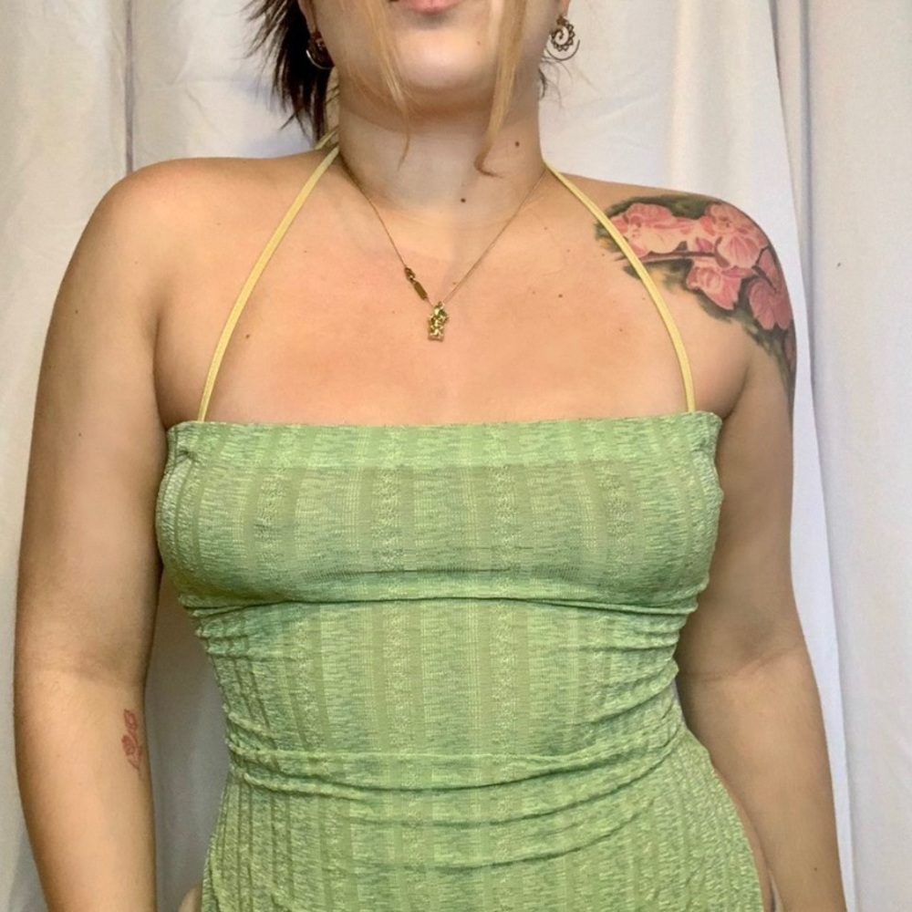 lime green tube top with yellow tie up straps
